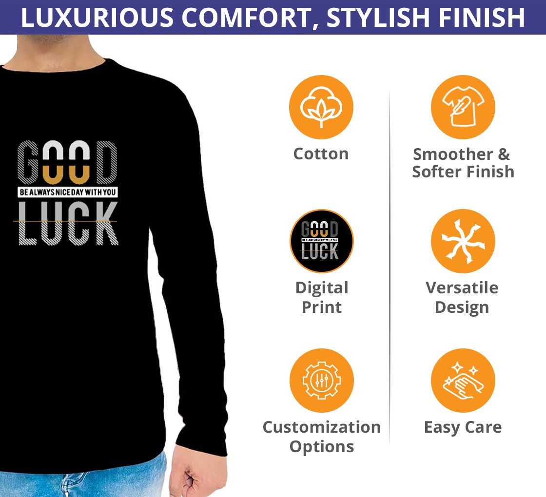 Men's Black Printed Long Sleeves T-Shirt - Crew Neck