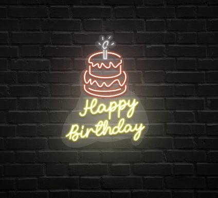 Happy Birthday With Cake On Top Neon Sign